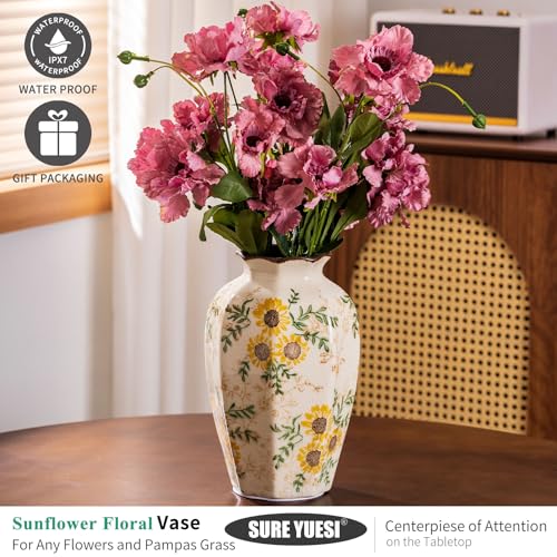 for Mom from Daughter or Son, Hand-Painted Sunflower Vintage Ceramic Octagonal Vase 9.1”, Green Yellow Beige Floral Vase for Bouquet, Mantle, Table Centerpiece, Bookshelf, Office - color: Yellow Sunflower - 003