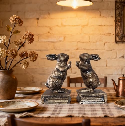 2 PCS Antique Gold Bunny Book Ends Rabbit Decorative Bookend Set Cast Iron Vintage Heavy Duty Book Ends for Shelves for Home(Face to Face Rabbit) - color: Face to Face Rabbit