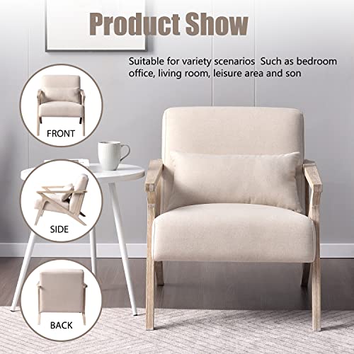 INZOY Mid Century Modern Chair with Wood Frame, Upholstered Armchair with Waist Cushion, Accent Chair for Living Room Bedroom Apartment, Easy Assembly, Beige - color: Beige