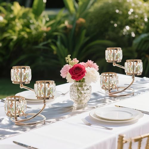 Metal 3 Arm Crystal Candle Holder - Tea Light Centerpiece Candle Holder, Votive Holder with Sparkling Crystal Bowl, Suitable for Wedding, Table Centerpiece, Home Decor (1, 3 arm-Gold) - size: 3 arm-Gold