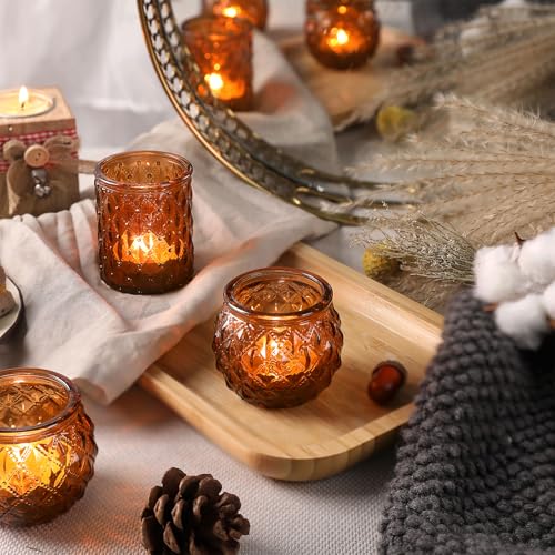 DARJEN Amber Votive Candle Holders Set of 24- Round Candle Holders Bulk, Glass Candle Holder for Vintage Decoration, Tea Lights Candle Holders for Wedding Home Party & Gift (Pack of 4) - color: Amber, size: 24 Pcs (Pack of 4)