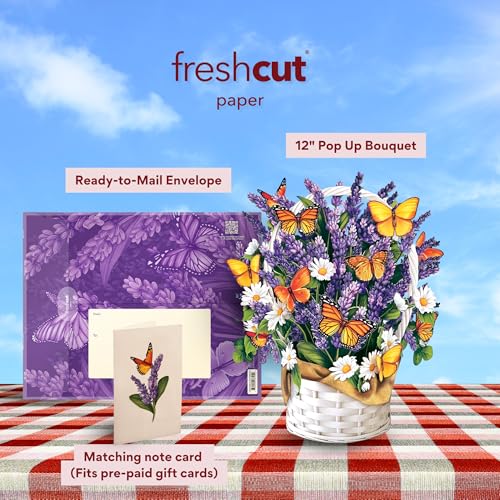 Freshcut Paper Pop Up Cards, Lavender & Butterflies, 12 Inch Life Sized Forever Flower Bouquet 3D Popup Greeting Card, Birthday & Thank You Card, Blank Notecard & Envelope - color: Lavender & Butterflies, size: Classic