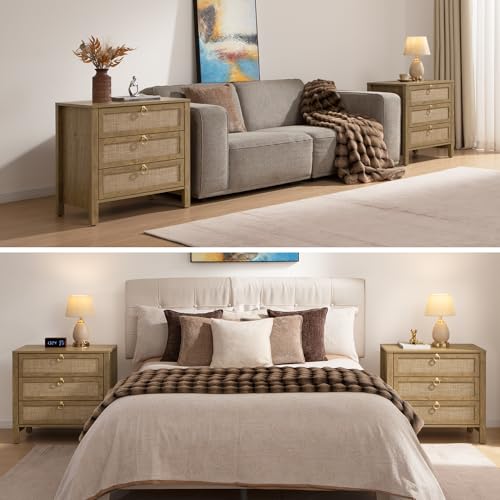 SICOTAS Night Stand with Drawers, Large Rattan Bedside Table with Golden Handle, 3 Drawers Nightstand Tall End Table Side Table Boho Nightstand for Bedroom - color: Carbon Cherry