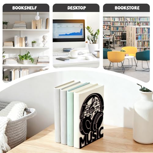 Peacoblue Metal Bookends for Shelves, Headphones with Music Notes Modern Decorative Heavy Duty Study Book Ends Stoppers for Office Desk Shelf Room 5.3"x4.3"x7.9" Cast Iron Simple Tall Bookends 1 Pair - style: Headphones with Music Notes