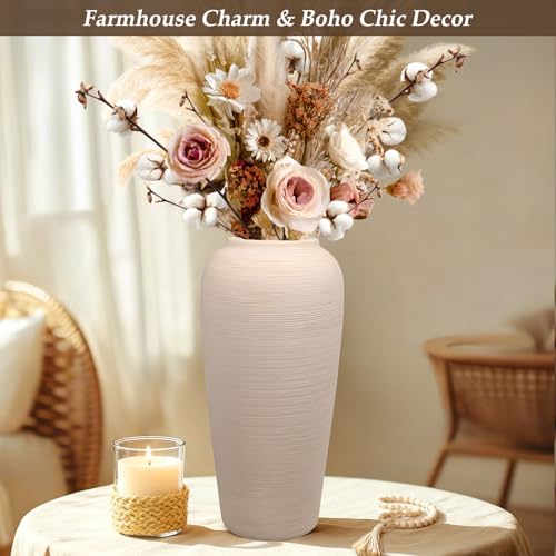 Tall Ceramic Vase 12 Inch Neutral Textured Vase,Cream Ceramic Vase for Home Decor,Farmhouse Tall Ceramic Flower Vase for Dining Table,Living Room,Kitchen,Bedroom,Entryway - size: 12 Inch
