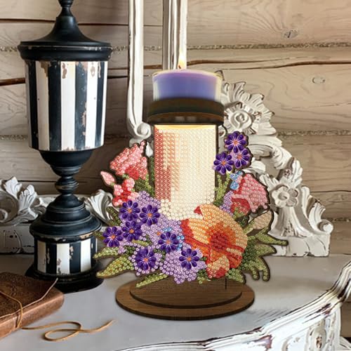ARTopet DIY Diamond Art Painting Candlestick Holders Wooden Desk Candle Holder Ornament Double Sided Diamond Tabletop Ornaments for Home Decor-Flower Candle - color: Flower Candle