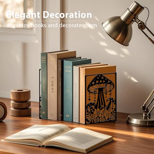 Mushroom Book Ends Stars Moon Metal Non-Slip Heavy Duty Book Shelf Holders Black Flowers Grass Reading Decorative Bookends for Shelf Decor(2pcs) Back to School - style: Mushroom,Moon