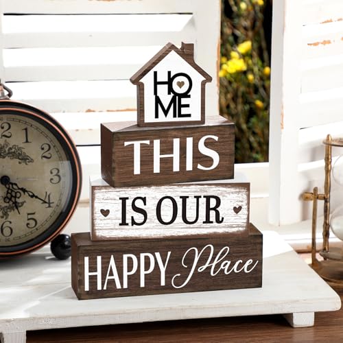 Cinnvoice 4 Pcs Farmhouse Tabletop Decor Rustic Family Blessed Home Table Centerpiece This Is Us Sign for Kitchen Shelf Desk Fireplace Mantel Tiered Tray Decor(Home This is Our Happy Place) - style: Home This is Our Happy Place