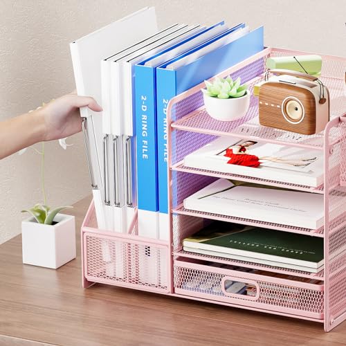 Marbrasse Desk Organizer with File Holder, 5-Tier Paper Letter Tray Organizer with Drawer and 2 Pen Holder, Mesh Desktop Organizer and Storage with Magazine Holder for Office Supplies(Pink) - color: Pink
