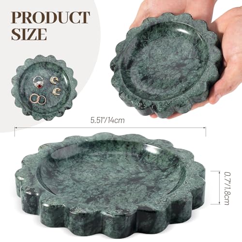 Koville 5.51" Scalloped Marble Tray, Round Stone Jewelry Trinket Dish for Ring, Natural Small Marble Tray for Bathroom Kitchen Dresser Countertop, Decorative Candle Tray(Green) - color: Sage Green, size: D=5.51"