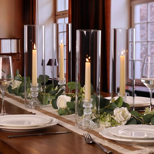 6 Set Hurricane Glass Candle Holders for Taper Candles, Vertical Striped Candlestick Holders with Windproof Glass Tubes 13.4" H for Wedding, Dinner Table Centerpieces, Festival and Party Decor - size: 3.3"D-13.4"H -6pcs+6pcs Striped Candlestick Holder