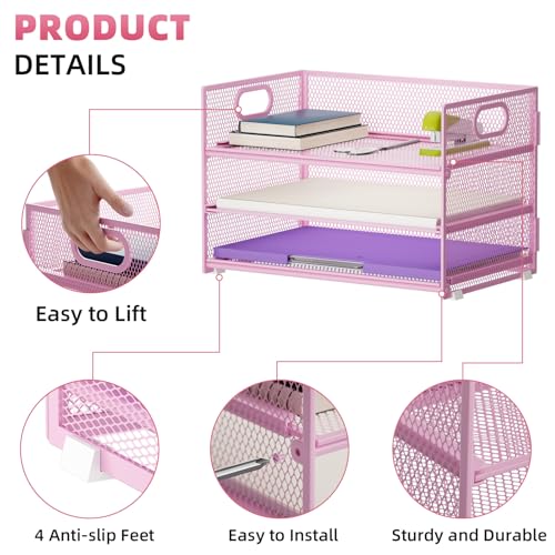 Marbrasse 3 Tier Paper Organizer Letter Tray, Mesh File Organizer with Handle, Paper Sorter Desk Organizer for Home Office Supplies(Pink) - color: Pink