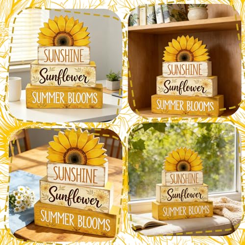 4 Pcs Sunflower Decor Faux Book Stack Blocks Farmhouse Tiered Tray Decor Summer Decorations for Home Kitchen Table Rustic Sunflower Kitchen Decor - style: Sunflower