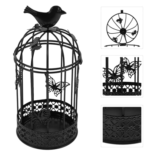PRETYZOOM Vintage Wrought Iron Birdcage Candlestick Holder 8.7In Retro Tealight Candle Lantern for Home Decor Wedding Centerpiece - color: Black