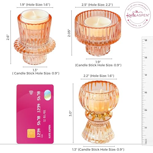 Kate Aspen Glass Taper Candle Holder Set of 6 - Rose Gold Ribbed Vintage Candlestick Votive Pillar Decorative Centerpiece for Dining Table Shelf Decor - color: Rose Gold