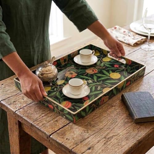 15.8" x 11.8" Black Plastic Serving Tray with Handles, Pomegranate & Lemon Fruit Botanical Pattern with Gold Trim, for Ottoman, Coffee Table, Vanity - color: Pomegranate & Lemon Fruit