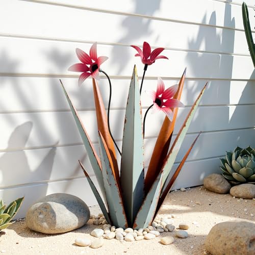 1 Pack Metal Agave Plant Sculptures, Outdoor Agave Plants, Tequila Rustic Sculpture, 16” Hand Painted Garden Decoration Yard Art Plant - color: Retro Blue 1pc W/ Flower