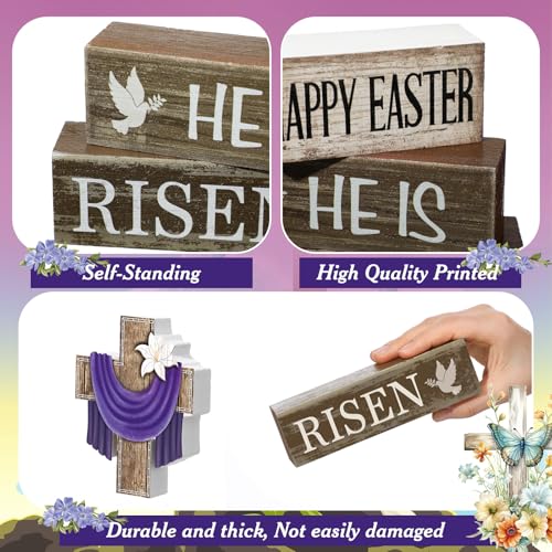 Yuntau 4 Pcs Easter Decorations He Is Risen Wooden Sign Christian Table Centerpiece Religious Cross Tiered Tray Decor Decorative Faux Book Stack Block for Table Fireplace Mantel Floating Shelf - style: Easter