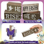 Yuntau 4 Pcs Easter Decorations He Is Risen Wooden Sign Christian Table Centerpiece Religious Cross Tiered Tray Decor Decorative Faux Book Stack Block for Table Fireplace Mantel Floating Shelf - style: Easter