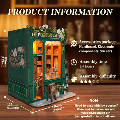 Roroom DIY Book Nook Kit, DIY Dollhouse Bookshelf Insert Decor Alley,3D Wooden Puzzle with LED Lighting Book Nook Wood Bookend Model Building(SQ45) - color: Sq45-moments in Time