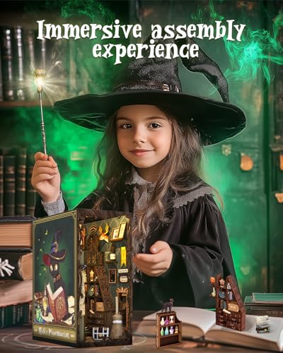 Cutefun Book Nook Kit, DIY Miniature Dollhouse Booknook for Adults, 3D Wooden Puzzle Bookend Bookshelf Insert Decor with LED Light, Gift for Craft Lovers (Magic Pharmacist) - style: Magic Pharmacist