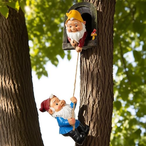 Teaeeno Gnome Garden Decoration Climbing Tree Decor Outdoor, Fairy Door Tree Face Figurine Lawn Patio Decor, Funny Climbing Elves Tree Peeker Sculpture Yard Art - color: Blue