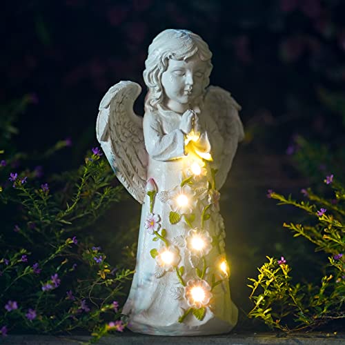 Nacome Garden Outdoor Statues Angel with Succulent and 7 LED Lights – Lawn Decor for Patio, Balcony, Yard Ornament for Mom Grandma Women - color: White Angel