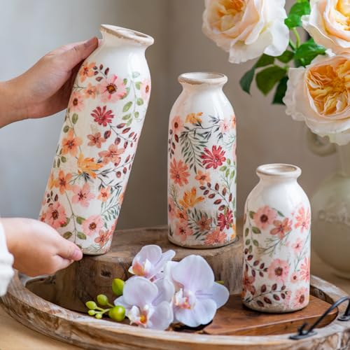 Vintage Vase Set of 3, Ceramic Vintage Flower Vases, Chinoiserie Decorative Home Decor Retro Floral Vase Rustic Farmhouse Decor for Table Bookshelf Mantel Kitchen Living Room Office - Colorful Daisy - color: Colorful Daisy, size: set of 3