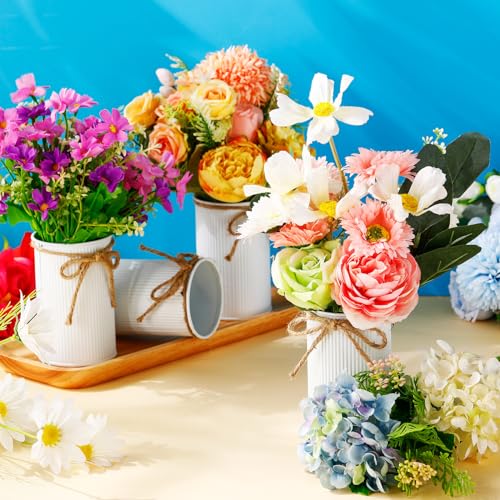 Rustic Vase for Table Centerpieces 4.33 Inch Small Petite Flower Vase with Twine Bow Vintage Farmhouse Decor for Wedding Reception Dining, Home Galvanized Metal Buckets(White,12 Pcs) - color: White