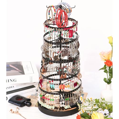 17Dec 6 Tier Rotating Jewelry Organizer Stand, 230 Holes Earring Holder Organizer for Women Girls, Spinning Earring Tree with Ring Holder, Wide Base for Bracelets Watches Lipstick - color: Metal,6-Tier,Black