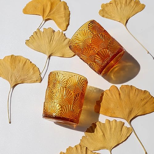 Woho 12Pcs Amber Votive Candle Holders, Glass Amber Candle Holder for Fall Wedding, Boho Tea Lights Candle Holder for Halloween Thanksgiving Centerpieces Table Decoration - color: Amber