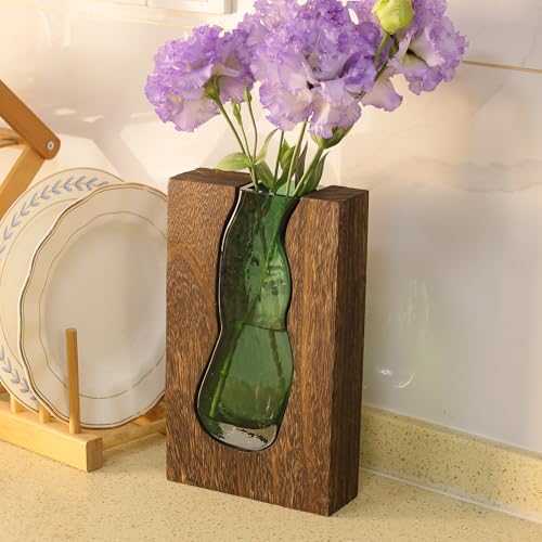 Wood and Glass Inlay Vases Farmhouse Wooden Glass Flower Vase Solid Wood Glass Vase Home Decor Vases for Centerpiece (9.45 Inches) - size: 9.45 Inches