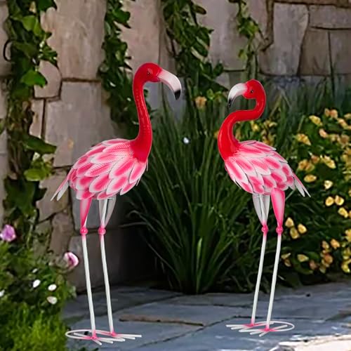Set of 2 Metal Flamingo Garden Statues, Yard Flamingo Outdoor Decor for Lawn Patio Garden Backyard Display (Pink) - color: Pink