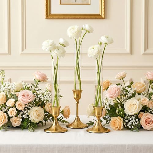 6 Pack 7.9" Glass Bud Vase for Candlesticks & Brass Gold Taper Candle Holder Set, Flower Vase with Silicon Rubber Case Fits Candlestick Size 20-22mm for Tablescapes, Weddings, Home Decor