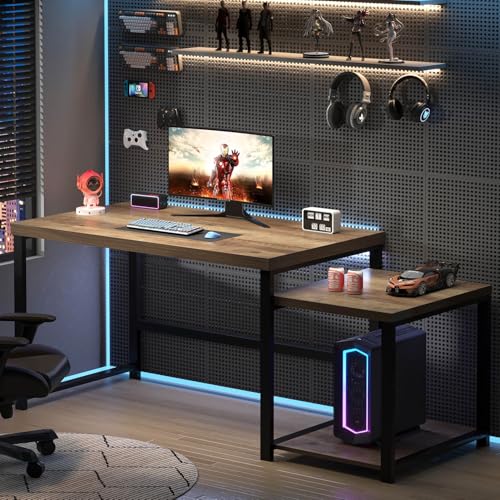 FOLUBAN 63 Inch Large Computer Desk with Printer Space & PC Tower Stand, Modern Wood Home Office Desk Workstation with Storage Shelves, Writing Study Gaming Table, Rustic Oak - color: Oak