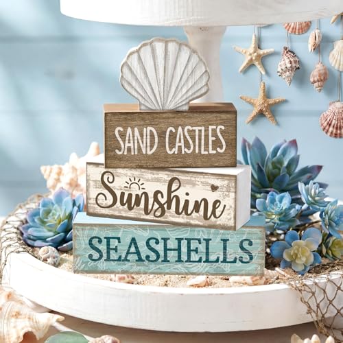 Yuntau 4 Pcs Summer Decorations for Home Shells Wooden Tabletop Decor Summer Tiered Tray Decor Rustic Wood Block Sign Gift Centerpiece Farmhouse Table for Shelf Office - style: Shells
