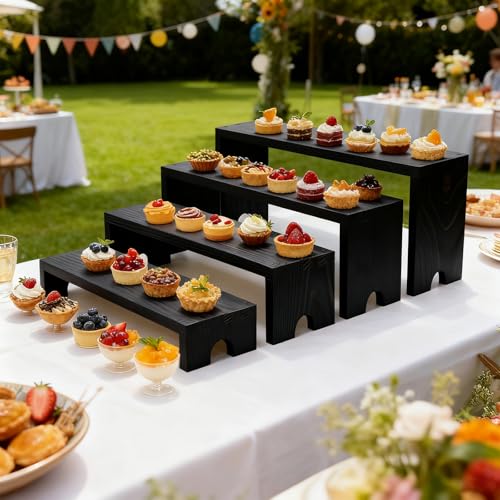 Wooden Display Stand Wood Tiered Racks, 2 Set 8 Piece Wood Display Shelf for Cupcake,Jewelry,Card, Vendor Events, Table Shelves Wooden Riser Organizer Dessert Showcase-Black - color: Black