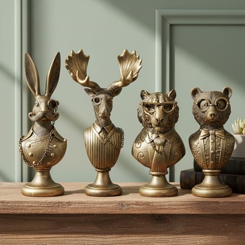 Vintage Animal Statue Sculpture Set,Gold Resin Animals Bust Figurine with Glasses & Suit, Retro Office Desk Decor for Home Living Room, Creative Gift for Animal Lovers - color: Animal Bust Set 4