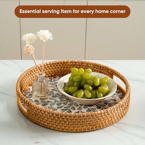 KOLWOVEN Round Rattan Tray with Handle, Rattan Serving Tray with Mother of Pearl Inlay Wooden Base (White- Black Leaves) - color: White- Black Leaves