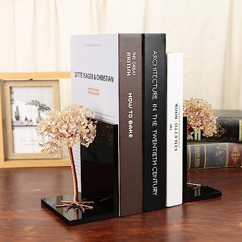 mookaitedecor Natural Citrine Crystal Money Tree Stones Bookends, Decorative Acrylic Stone Tree Book Ends for Shelves Desktop Organizer Home Office,5.7-6.3inch (1 Pair) - color: Yellow, size: 5.7-6.3 Inch