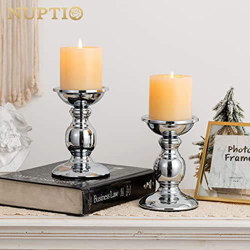 Nuptio Silver Pillar Candle Holders, Wedding Centerpieces Metal Candle Holder for 3inches Candles Stand Decoration Ideal for Weddings Special Events Parties Living Room, 2 Pcs - color: Silver, size: S + S