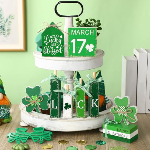 Vercraft 11 Pcs St. Patrick's Day Table Decorations Wood Faux Books Irish Table Top Decor Clover Wooden Sign Centerpiece for St. Patrick's Day - style: Clover