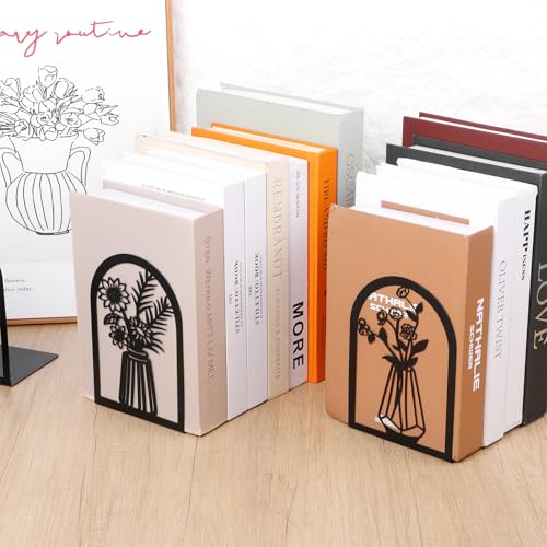 Kifmurase 5 Pair Metal Book Ends, Modern Decorative Flower Shelves Bookends, Black Book Stopper for Heavy Books, Novety Floral Books Shelf Holder Ends for Home Office School, 6.6×4.7×3.6 inch