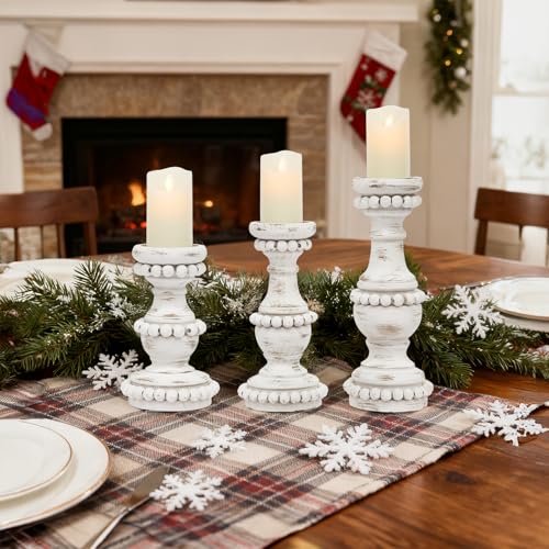 Farmhouse Large Candle Holders for Pillar Candles, Rustic Wooden Beaded Candle Holder, Perfect for Table Centerpieces, Coffee Table or Fireplace Mantel, 3 Piece Set (White) - color: White