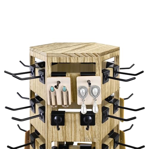 Ikee Design Free Assemble Wood Hexagon Rotating Jewelry Display Stand, 60 Removable Metal Hooks, Keychain Display Stand, Jewelry Organizer, Earring Bracelet Organizer, Oak Color, 8.3W x7.2D x 16.2H in - color: 6 side, Oak, 60 hooks