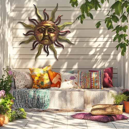 LIFFY 30" Large Sun Wall Decor - Metal Sun Face Wall Sculpture, 3D Hand-Painted Outdoor Wall Art Hanging for Patio Garden Yard, Housewarming Gift, Easy Hanging - color: Large Sun