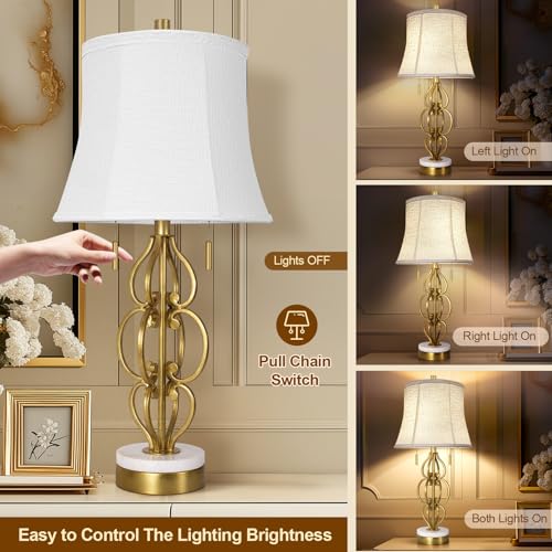 Scenekoy Table Lamp Set of 2 with USB Ports, Pull Chains Switch, 28” Gold Leaf Curved Iron Art Bedside Lamps with Linen Shade for Living Room Bedroom, Nightstand Lamps for Home Room Decor - size: 28 inches Gold Leaf -039