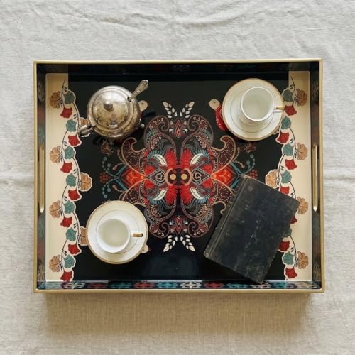 15.8" x 11.8" Black Plastic Serving Tray with Handles, Bohemian Folk Art Bird & Mandala Pattern with Gold Trim, for Ottoman, Coffee Table, Vanity - color: Bohemian Folk Art Bird & Mandala Pattern