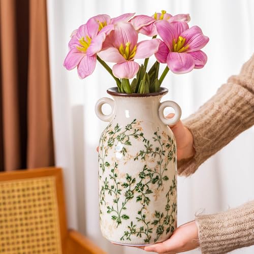 Ceramic Flower Vase | Green Rustic Farmhouse Vase with Handles for Home Decor, Vintage Floral Tuscan Vase for Living Room & Kitchen, Mantel & Bookshelf, Centerpieces, Entryway, Wedding(9.1 Inch) - color: 12-green and Beige