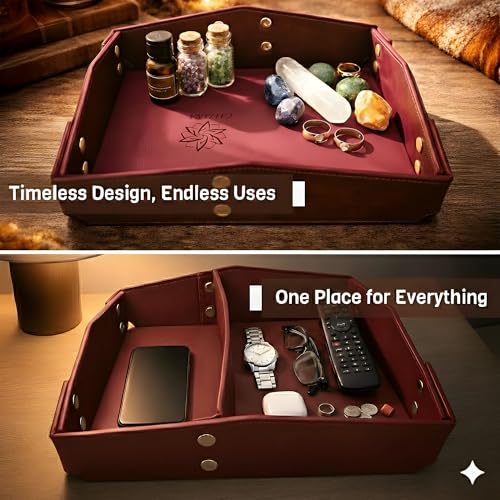 Valet Tray Organizer for Men & Women - PU Leather Catch All Tray with Removable Divider - EDC Storage for Keys, Watch, Phone - Nightstand, Dresser & Desk Organizer - Crimson Merlot - color: Crimson Merlot